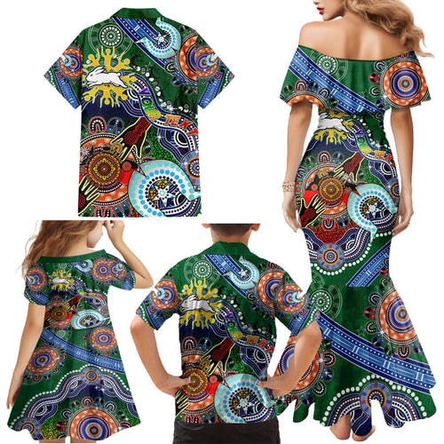 Personalised Rabbitohs NAIDOC Week 2024 Family Matching Mermaid Dress and Hawaiian Shirt Australia Aboriginal Dot Painting