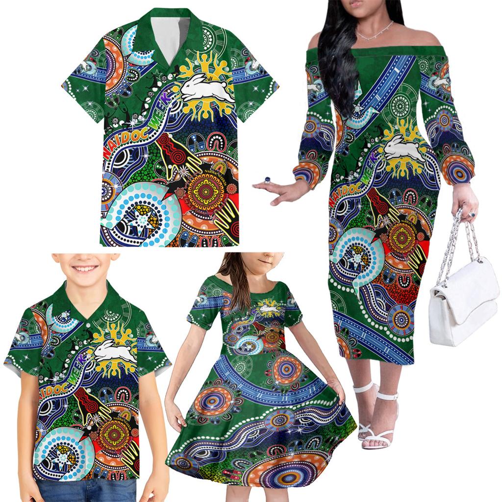 Personalised Rabbitohs NAIDOC Week 2024 Family Matching Off The Shoulder Long Sleeve Dress and Hawaiian Shirt Australia Aboriginal Dot Painting