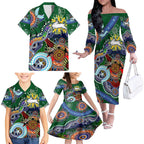 Personalised Rabbitohs NAIDOC Week 2024 Family Matching Off The Shoulder Long Sleeve Dress and Hawaiian Shirt Australia Aboriginal Dot Painting