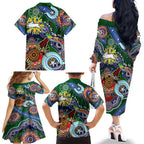 Personalised Rabbitohs NAIDOC Week 2024 Family Matching Off The Shoulder Long Sleeve Dress and Hawaiian Shirt Australia Aboriginal Dot Painting