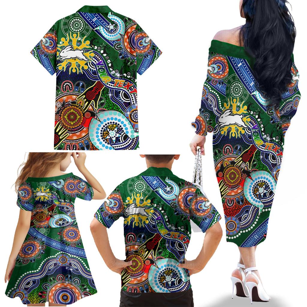 Personalised Rabbitohs NAIDOC Week 2024 Family Matching Off The Shoulder Long Sleeve Dress and Hawaiian Shirt Australia Aboriginal Dot Painting
