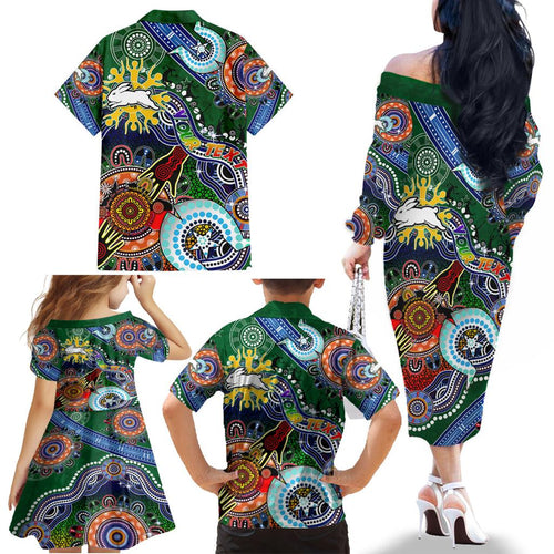 Personalised Rabbitohs NAIDOC Week 2024 Family Matching Off The Shoulder Long Sleeve Dress and Hawaiian Shirt Australia Aboriginal Dot Painting