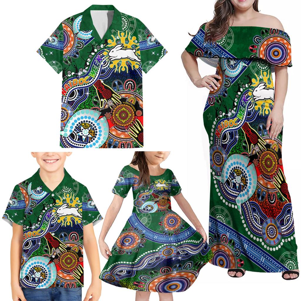 Personalised Rabbitohs NAIDOC Week 2024 Family Matching Off Shoulder Maxi Dress and Hawaiian Shirt Australia Aboriginal Dot Painting