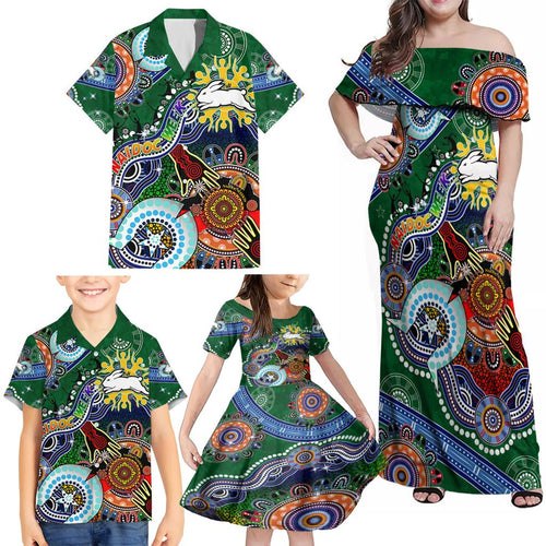 Personalised Rabbitohs NAIDOC Week 2024 Family Matching Off Shoulder Maxi Dress and Hawaiian Shirt Australia Aboriginal Dot Painting