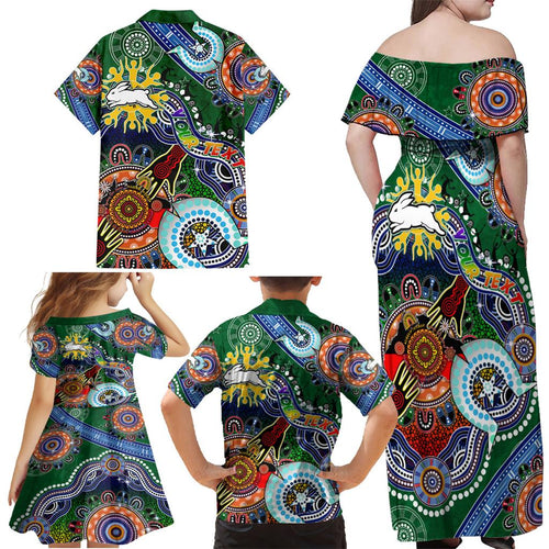 Personalised Rabbitohs NAIDOC Week 2024 Family Matching Off Shoulder Maxi Dress and Hawaiian Shirt Australia Aboriginal Dot Painting