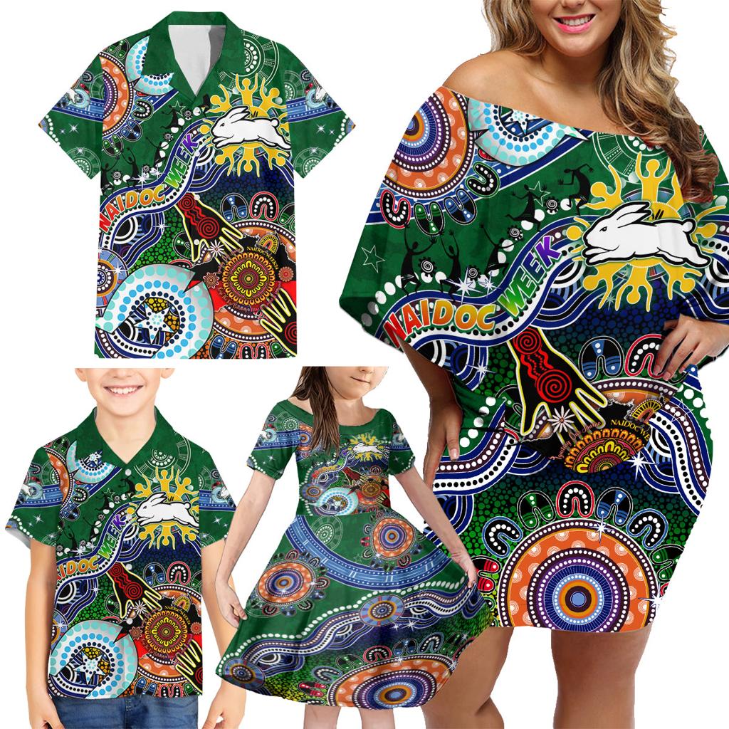 Personalised Rabbitohs NAIDOC Week 2024 Family Matching Off Shoulder Short Dress and Hawaiian Shirt Australia Aboriginal Dot Painting