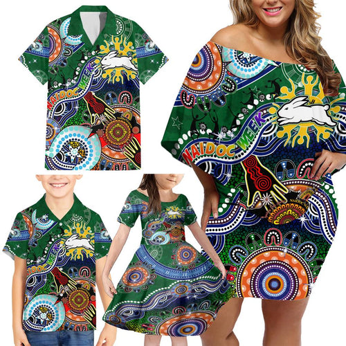Personalised Rabbitohs NAIDOC Week 2024 Family Matching Off Shoulder Short Dress and Hawaiian Shirt Australia Aboriginal Dot Painting