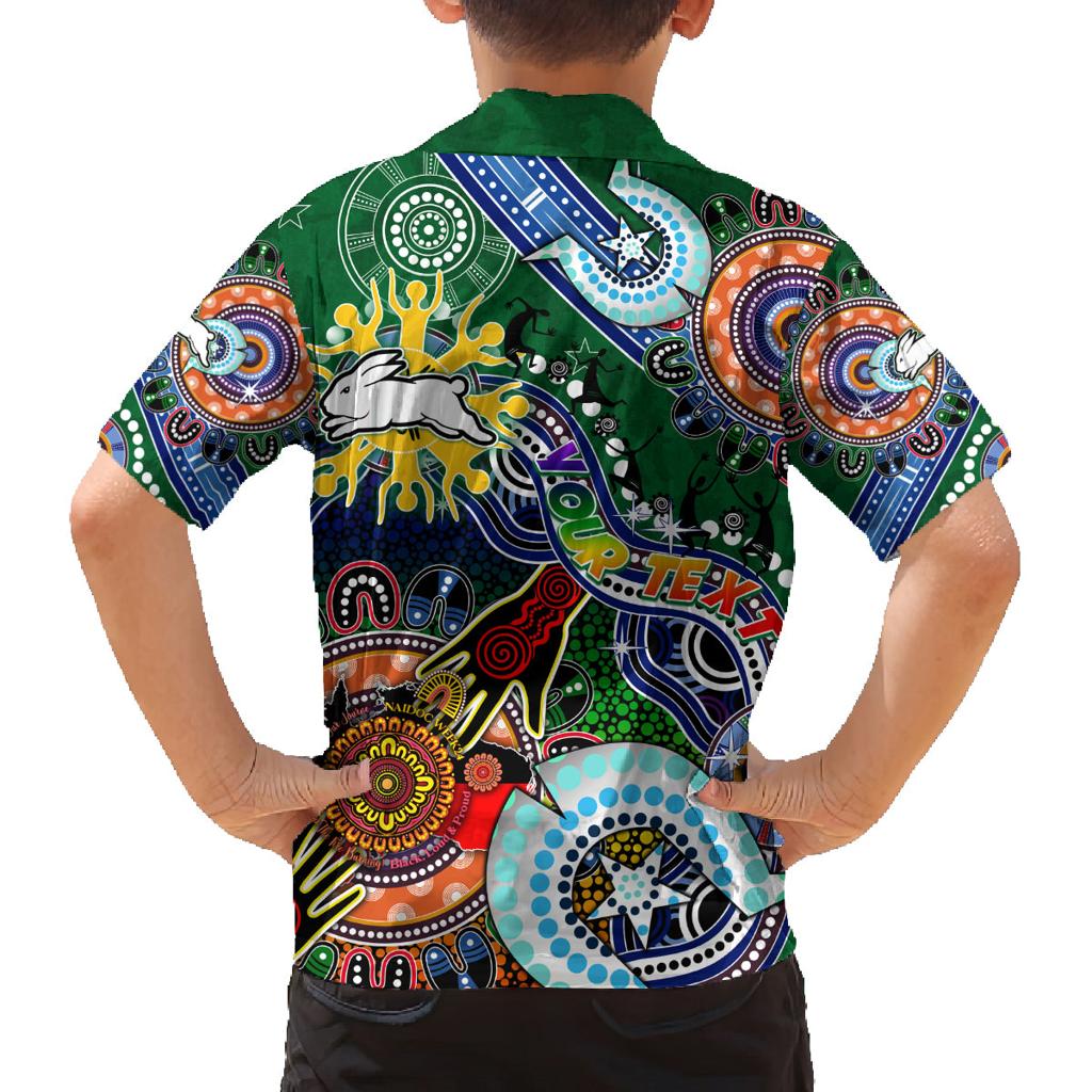Personalised Rabbitohs NAIDOC Week 2024 Family Matching Off Shoulder Short Dress and Hawaiian Shirt Australia Aboriginal Dot Painting