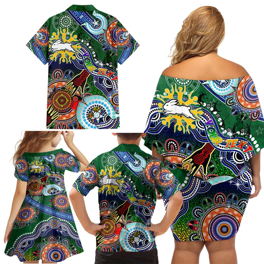Personalised Rabbitohs NAIDOC Week 2024 Family Matching Off Shoulder Short Dress and Hawaiian Shirt Australia Aboriginal Dot Painting
