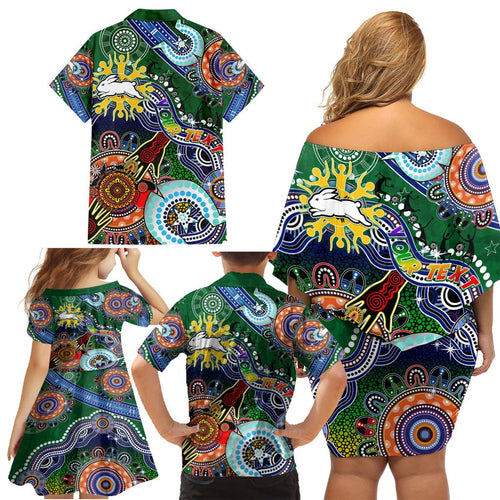 Personalised Rabbitohs NAIDOC Week 2024 Family Matching Off Shoulder Short Dress and Hawaiian Shirt Australia Aboriginal Dot Painting