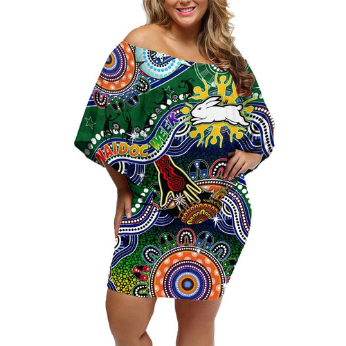Personalised Rabbitohs NAIDOC Week 2024 Family Matching Off Shoulder Short Dress and Hawaiian Shirt Australia Aboriginal Dot Painting
