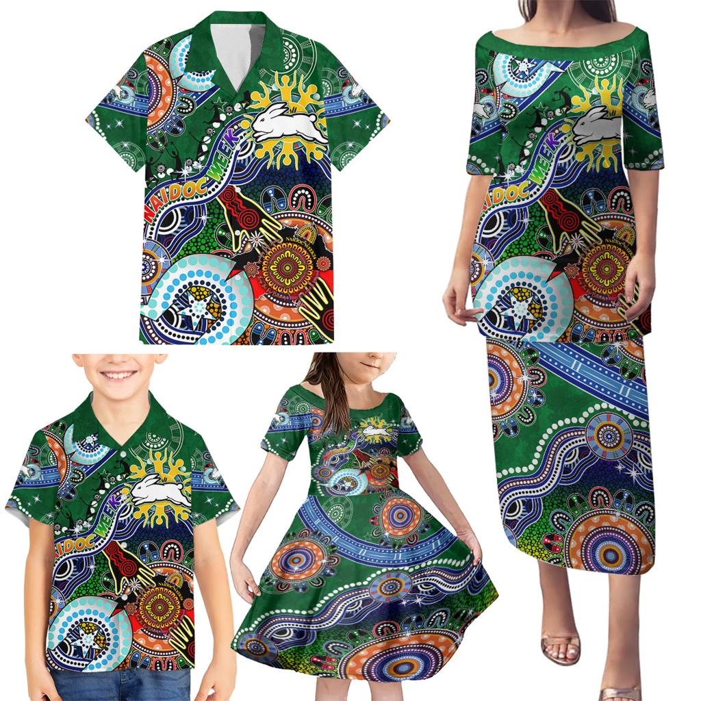 Personalised Rabbitohs NAIDOC Week 2024 Family Matching Puletasi and Hawaiian Shirt Australia Aboriginal Dot Painting