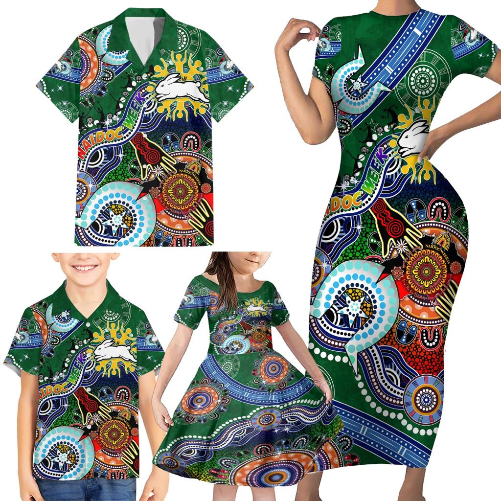 Personalised Rabbitohs NAIDOC Week 2024 Family Matching Short Sleeve Bodycon Dress and Hawaiian Shirt Australia Aboriginal Dot Painting