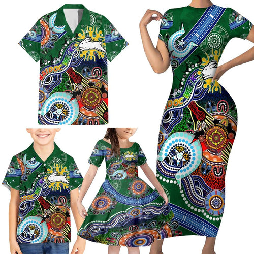 Personalised Rabbitohs NAIDOC Week 2024 Family Matching Short Sleeve Bodycon Dress and Hawaiian Shirt Australia Aboriginal Dot Painting