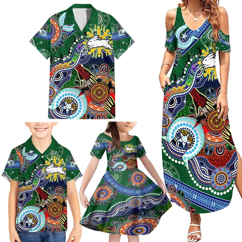 Personalised Rabbitohs NAIDOC Week 2024 Family Matching Summer Maxi Dress and Hawaiian Shirt Australia Aboriginal Dot Painting