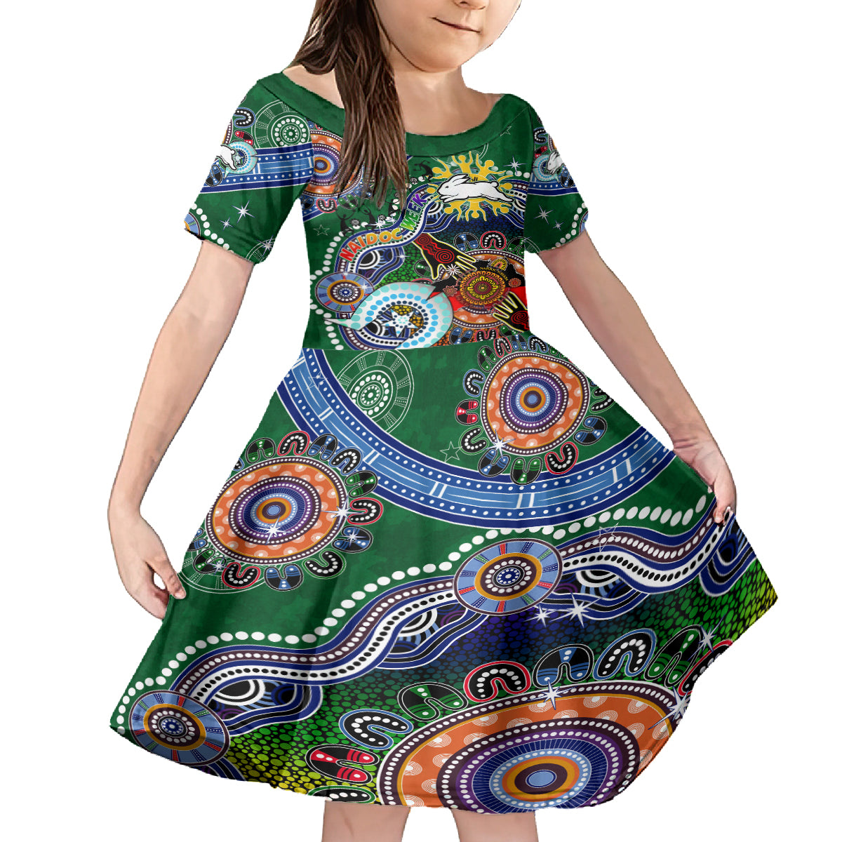 Personalised Rabbitohs NAIDOC Week 2024 Kid Short Sleeve Dress Australia Aboriginal Dot Painting