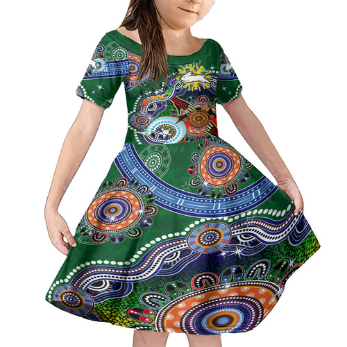 Personalised Rabbitohs NAIDOC Week 2024 Kid Short Sleeve Dress Australia Aboriginal Dot Painting