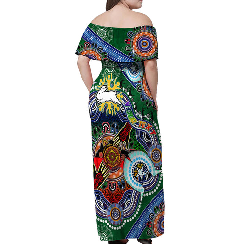 Personalised Rabbitohs NAIDOC Week 2024 Off Shoulder Maxi Dress Australia Aboriginal Dot Painting