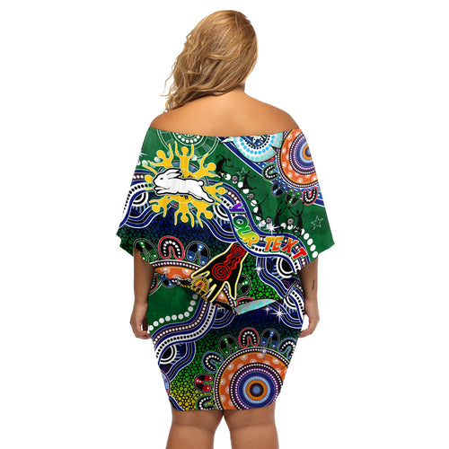 Personalised Rabbitohs NAIDOC Week 2024 Off Shoulder Short Dress Australia Aboriginal Dot Painting