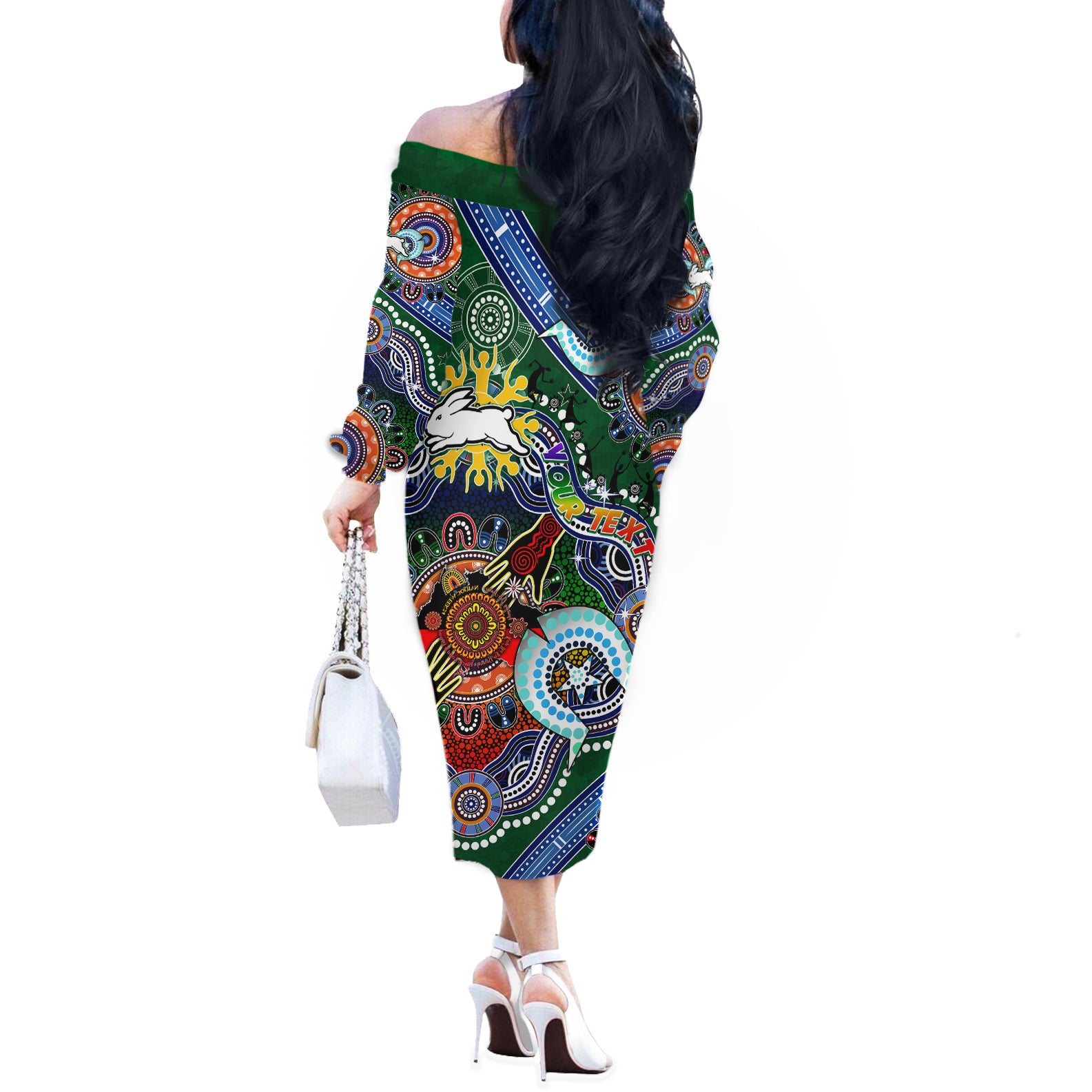 Personalised Rabbitohs NAIDOC Week 2024 Off The Shoulder Long Sleeve Dress Australia Aboriginal Dot Painting