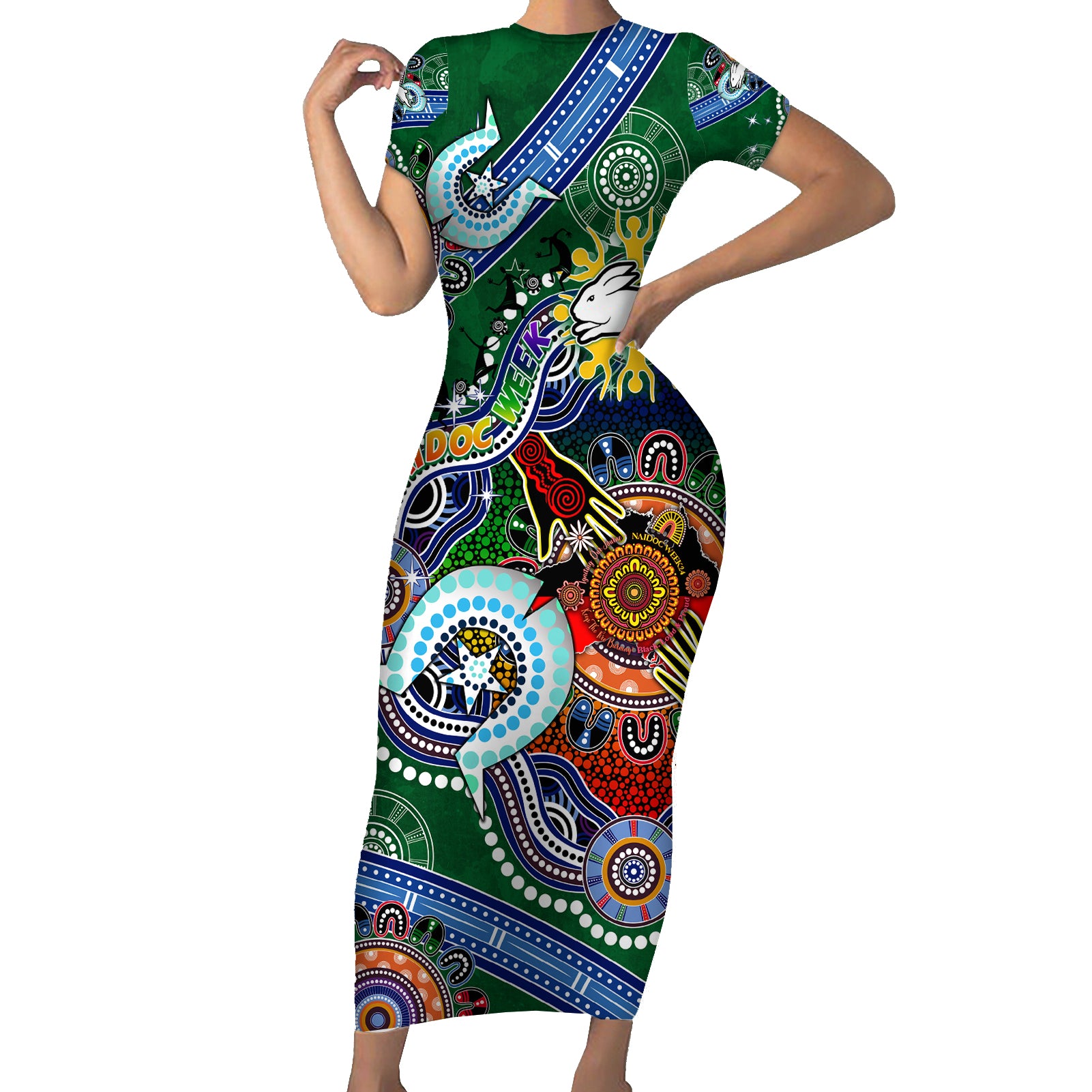 Personalised Rabbitohs NAIDOC Week 2024 Short Sleeve Bodycon Dress Australia Aboriginal Dot Painting
