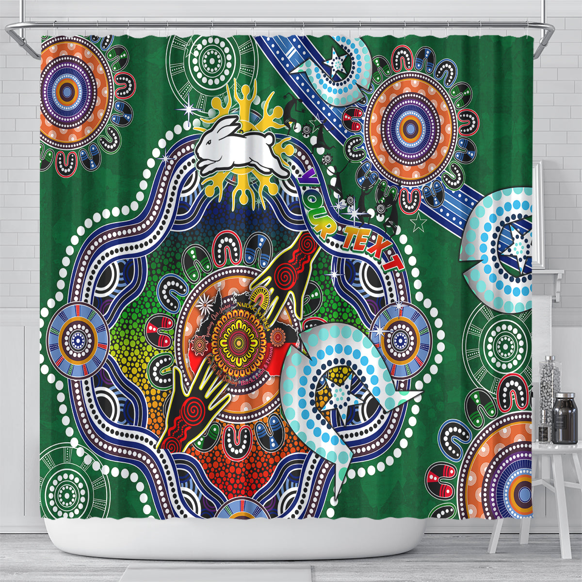 Personalised Rabbitohs NAIDOC Week 2024 Shower Curtain Australia Aboriginal Dot Painting
