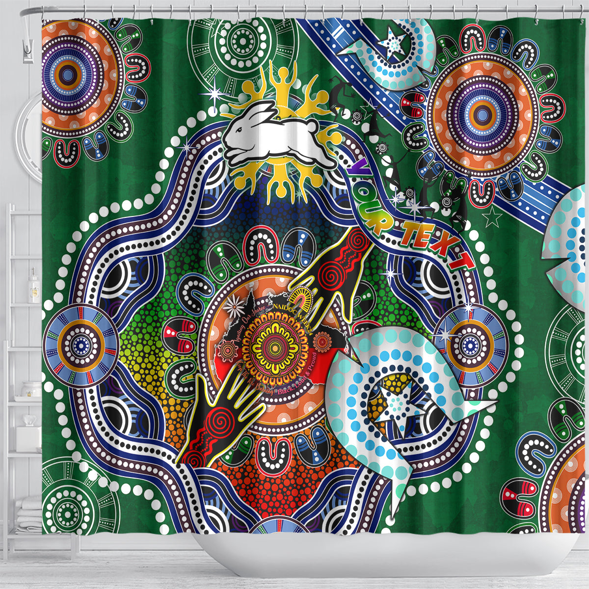 Personalised Rabbitohs NAIDOC Week 2024 Shower Curtain Australia Aboriginal Dot Painting