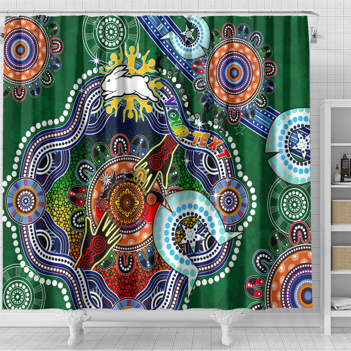 Personalised Rabbitohs NAIDOC Week 2024 Shower Curtain Australia Aboriginal Dot Painting