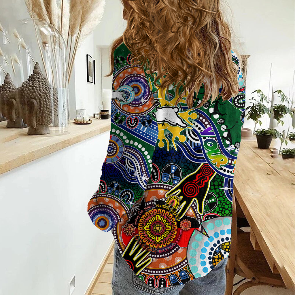 Personalised Rabbitohs NAIDOC Week 2024 Women Casual Shirt Australia Aboriginal Dot Painting