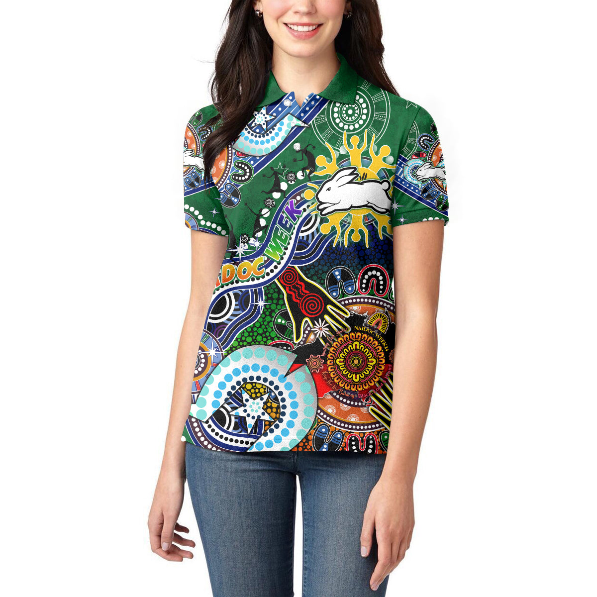Personalised Rabbitohs NAIDOC Week 2024 Women Polo Shirt Australia Aboriginal Dot Painting