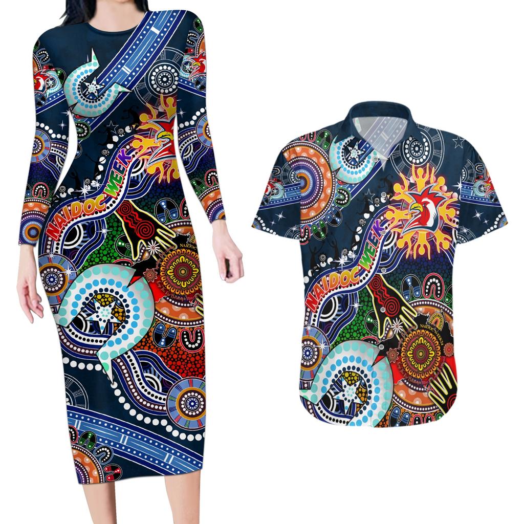 Personalised Roosters NAIDOC Week 2024 Couples Matching Long Sleeve Bodycon Dress and Hawaiian Shirt Australia Aboriginal Dot Painting