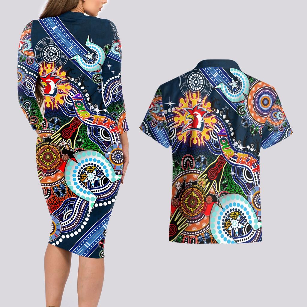 Personalised Roosters NAIDOC Week 2024 Couples Matching Long Sleeve Bodycon Dress and Hawaiian Shirt Australia Aboriginal Dot Painting