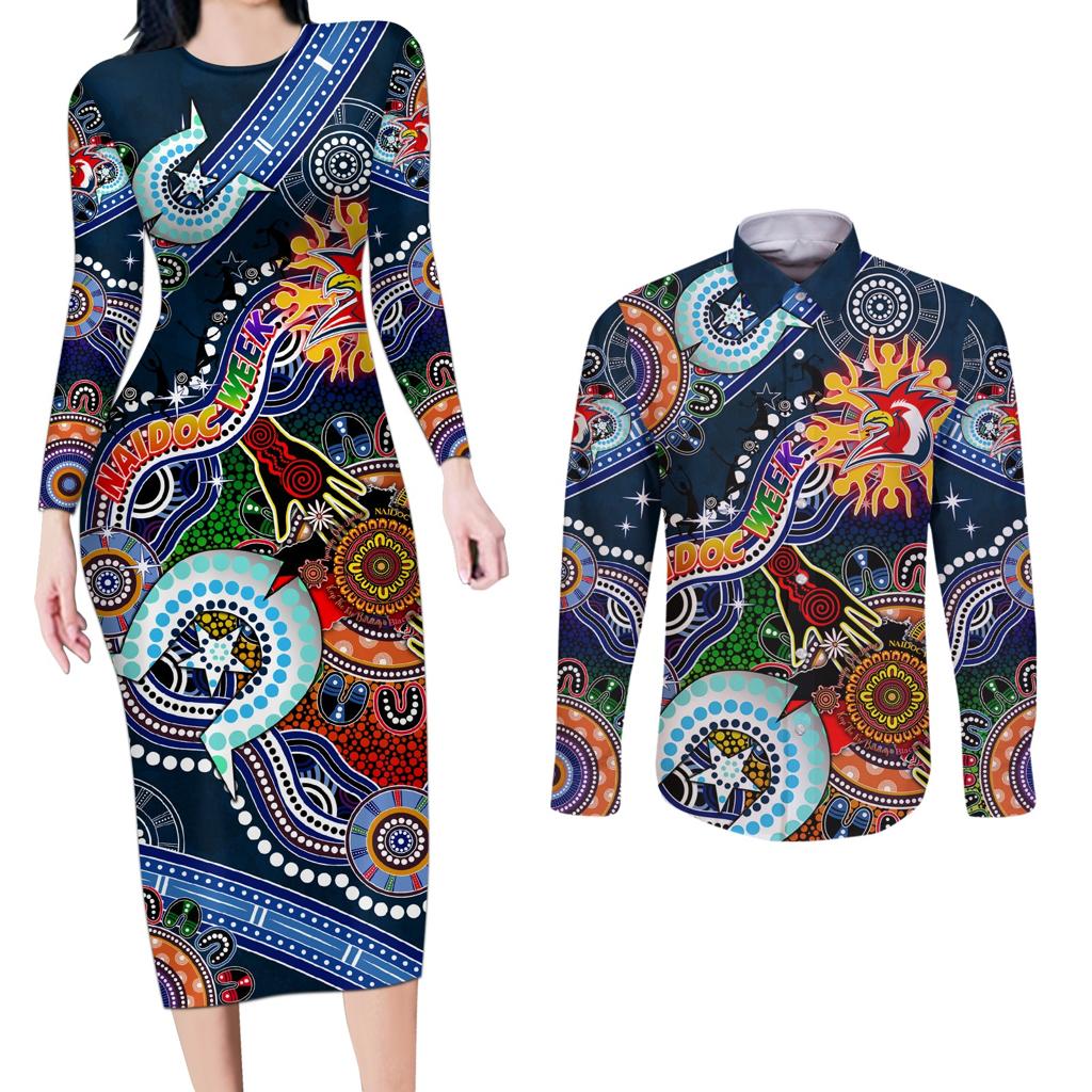 Personalised Roosters NAIDOC Week 2024 Couples Matching Long Sleeve Bodycon Dress and Long Sleeve Button Shirt Australia Aboriginal Dot Painting