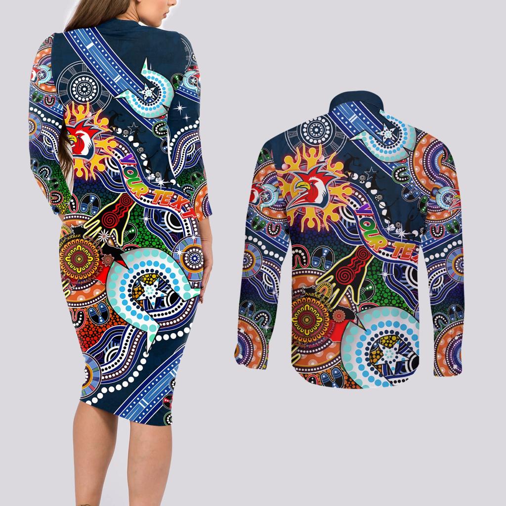 Personalised Roosters NAIDOC Week 2024 Couples Matching Long Sleeve Bodycon Dress and Long Sleeve Button Shirt Australia Aboriginal Dot Painting