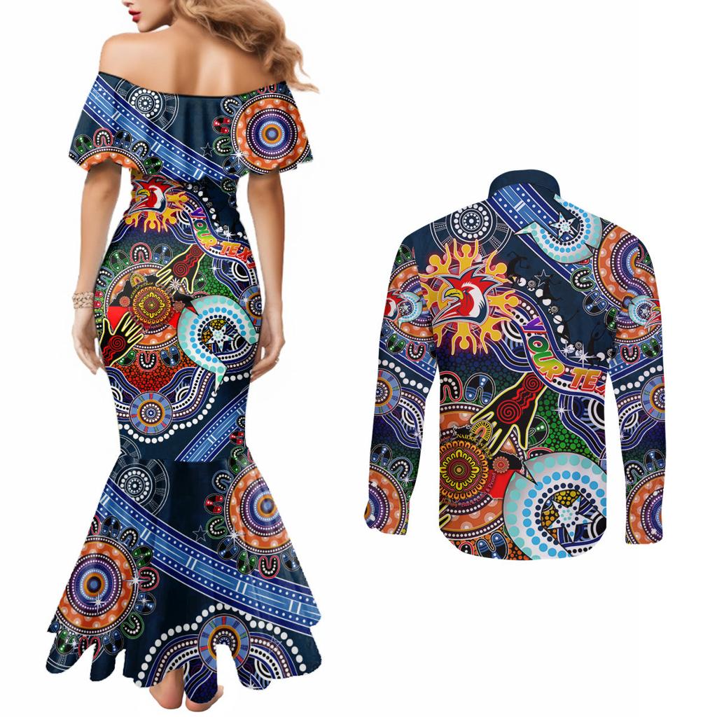 Personalised Roosters NAIDOC Week 2024 Couples Matching Mermaid Dress and Long Sleeve Button Shirt Australia Aboriginal Dot Painting