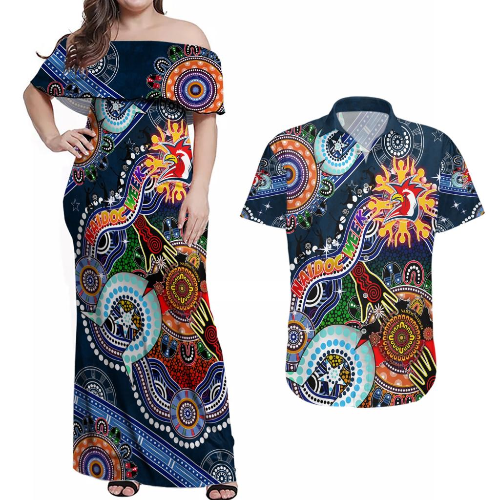 Personalised Roosters NAIDOC Week 2024 Couples Matching Off Shoulder Maxi Dress and Hawaiian Shirt Australia Aboriginal Dot Painting