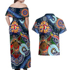Personalised Roosters NAIDOC Week 2024 Couples Matching Off Shoulder Maxi Dress and Hawaiian Shirt Australia Aboriginal Dot Painting