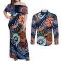 Personalised Roosters NAIDOC Week 2024 Couples Matching Off Shoulder Maxi Dress and Long Sleeve Button Shirt Australia Aboriginal Dot Painting