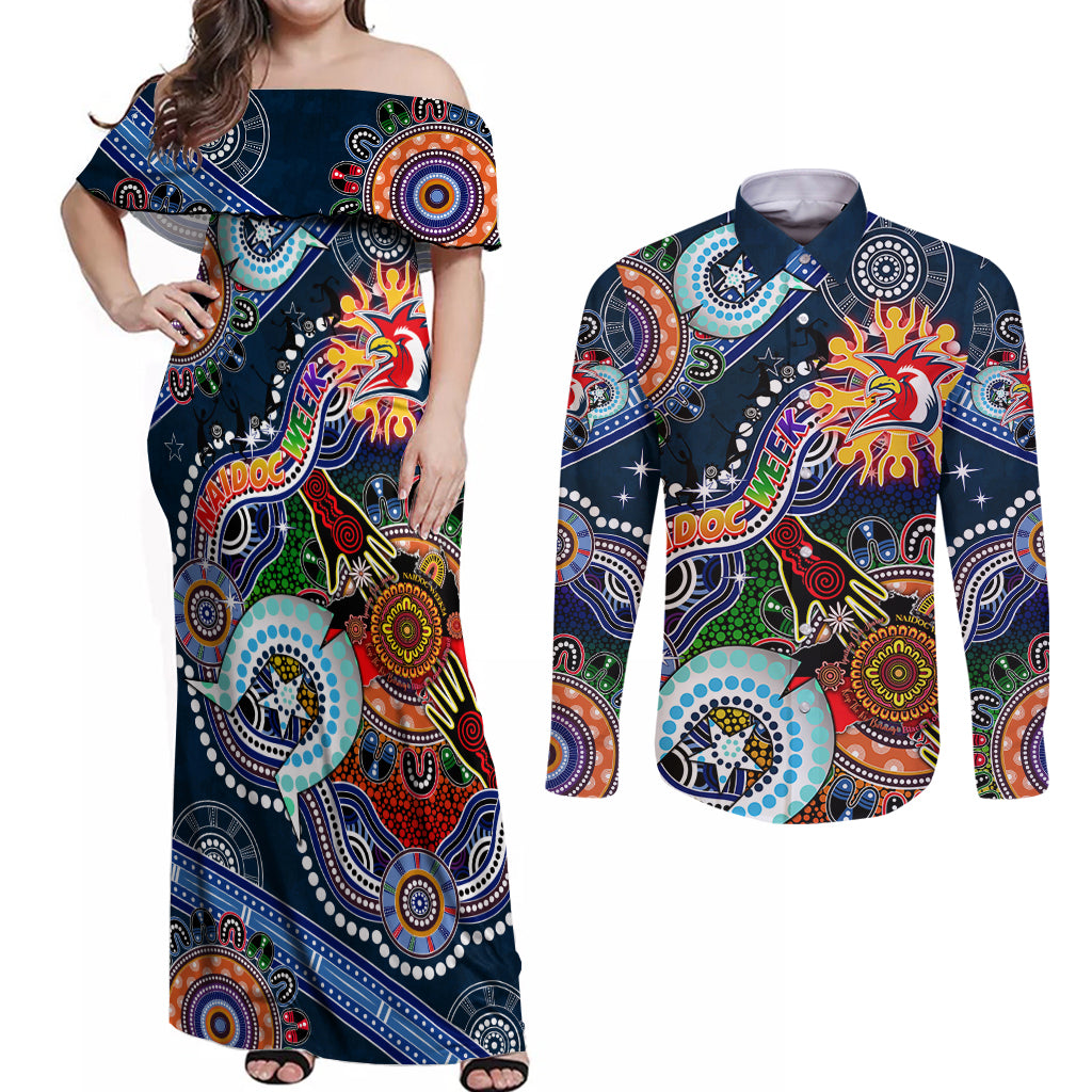 Personalised Roosters NAIDOC Week 2024 Couples Matching Off Shoulder Maxi Dress and Long Sleeve Button Shirt Australia Aboriginal Dot Painting