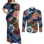 Personalised Roosters NAIDOC Week 2024 Couples Matching Off Shoulder Maxi Dress and Long Sleeve Button Shirt Australia Aboriginal Dot Painting