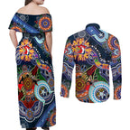 Personalised Roosters NAIDOC Week 2024 Couples Matching Off Shoulder Maxi Dress and Long Sleeve Button Shirt Australia Aboriginal Dot Painting