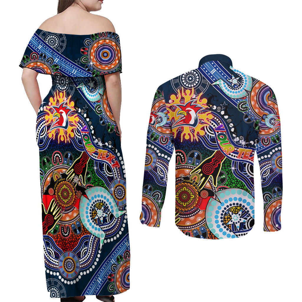 Personalised Roosters NAIDOC Week 2024 Couples Matching Off Shoulder Maxi Dress and Long Sleeve Button Shirt Australia Aboriginal Dot Painting