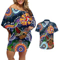 Personalised Roosters NAIDOC Week 2024 Couples Matching Off Shoulder Short Dress and Hawaiian Shirt Australia Aboriginal Dot Painting