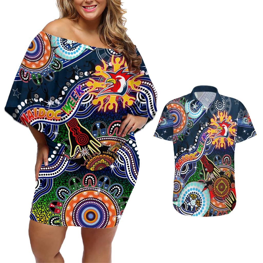 Personalised Roosters NAIDOC Week 2024 Couples Matching Off Shoulder Short Dress and Hawaiian Shirt Australia Aboriginal Dot Painting