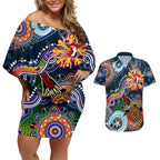 Personalised Roosters NAIDOC Week 2024 Couples Matching Off Shoulder Short Dress and Hawaiian Shirt Australia Aboriginal Dot Painting
