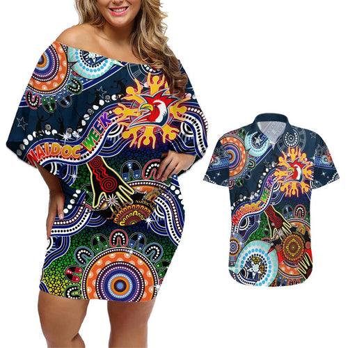 Personalised Roosters NAIDOC Week 2024 Couples Matching Off Shoulder Short Dress and Hawaiian Shirt Australia Aboriginal Dot Painting