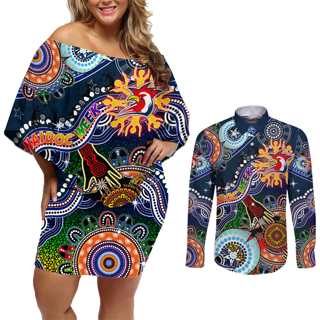 Personalised Roosters NAIDOC Week 2024 Couples Matching Off Shoulder Short Dress and Long Sleeve Button Shirt Australia Aboriginal Dot Painting