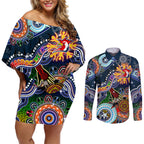 Personalised Roosters NAIDOC Week 2024 Couples Matching Off Shoulder Short Dress and Long Sleeve Button Shirt Australia Aboriginal Dot Painting