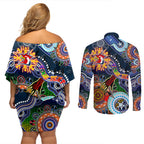 Personalised Roosters NAIDOC Week 2024 Couples Matching Off Shoulder Short Dress and Long Sleeve Button Shirt Australia Aboriginal Dot Painting