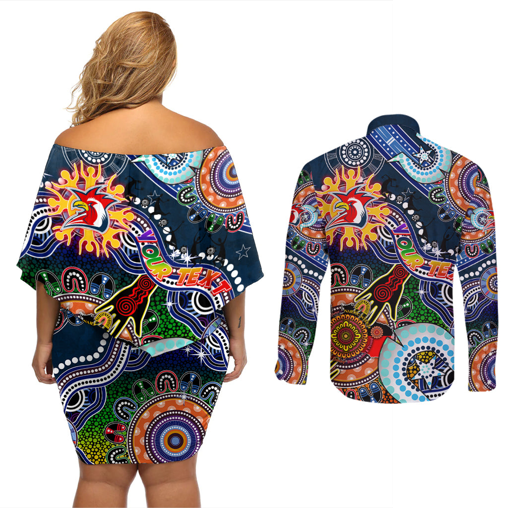 Personalised Roosters NAIDOC Week 2024 Couples Matching Off Shoulder Short Dress and Long Sleeve Button Shirt Australia Aboriginal Dot Painting